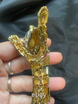 Large Vintage Articulated Rhinestone Panther Shoulder Brooch with Green eyes