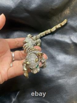 Large Vintage Articulated Rhinestone Panther Shoulder Brooch with Green eyes