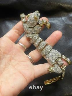 Large Vintage Articulated Rhinestone Panther Shoulder Brooch with Green eyes