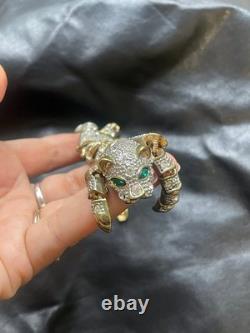 Large Vintage Articulated Rhinestone Panther Shoulder Brooch with Green eyes