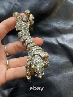 Large Vintage Articulated Rhinestone Panther Shoulder Brooch with Green eyes