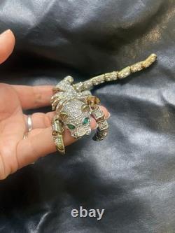 Large Vintage Articulated Rhinestone Panther Shoulder Brooch with Green eyes