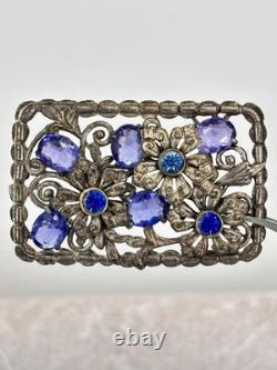 Large Vintage Blue Glass & Rhinestone Pot Metal Floral Rectangular Brooch 3