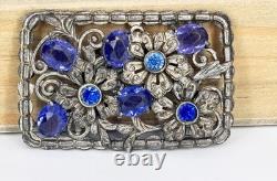 Large Vintage Blue Glass & Rhinestone Pot Metal Floral Rectangular Brooch 3