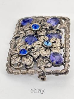 Large Vintage Blue Glass & Rhinestone Pot Metal Floral Rectangular Brooch 3