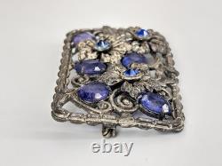 Large Vintage Blue Glass & Rhinestone Pot Metal Floral Rectangular Brooch 3