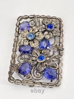 Large Vintage Blue Glass & Rhinestone Pot Metal Floral Rectangular Brooch 3