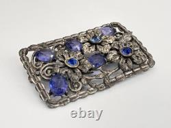 Large Vintage Blue Glass & Rhinestone Pot Metal Floral Rectangular Brooch 3