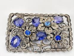 Large Vintage Blue Glass & Rhinestone Pot Metal Floral Rectangular Brooch 3