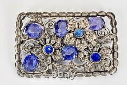 Large Vintage Blue Glass & Rhinestone Pot Metal Floral Rectangular Brooch 3