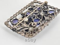 Large Vintage Blue Glass & Rhinestone Pot Metal Floral Rectangular Brooch 3