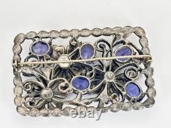 Large Vintage Blue Glass & Rhinestone Pot Metal Floral Rectangular Brooch 3