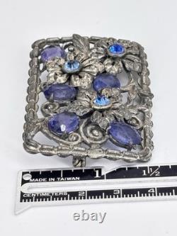 Large Vintage Blue Glass & Rhinestone Pot Metal Floral Rectangular Brooch 3
