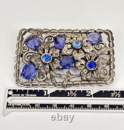 Large Vintage Blue Glass & Rhinestone Pot Metal Floral Rectangular Brooch 3