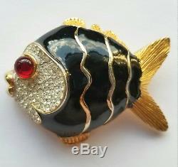 Large Vintage CINER Enamel Fish Brooch Pave Rhinestones & Red Glass Cabochon Eye