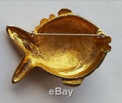 Large Vintage CINER Enamel Fish Brooch Pave Rhinestones & Red Glass Cabochon Eye