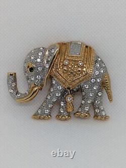 Large Vintage Elephant Brooch Pin Rhinestones Vibrant Gold Tone Green Eye Trunk