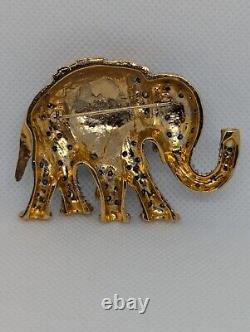 Large Vintage Elephant Brooch Pin Rhinestones Vibrant Gold Tone Green Eye Trunk