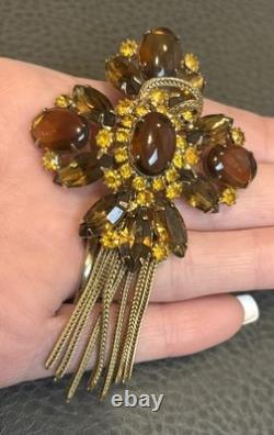 Large Vintage Huge Faux Amber Rhinestone Tassel Fringe Brooch Statement