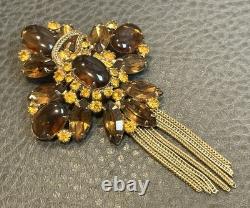 Large Vintage Huge Faux Amber Rhinestone Tassel Fringe Brooch Statement