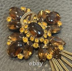 Large Vintage Huge Faux Amber Rhinestone Tassel Fringe Brooch Statement