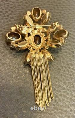 Large Vintage Huge Faux Amber Rhinestone Tassel Fringe Brooch Statement