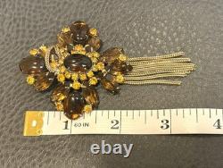 Large Vintage Huge Faux Amber Rhinestone Tassel Fringe Brooch Statement