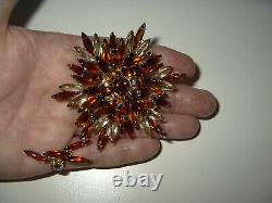 Large Vintage JULIANA Gold Topaz & Yellow Rhinestone Crystal Flower Brooch Pin