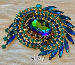 Large Vintage Juliana D&E Ice Capri Blue Aurora Borealis Open Dog Tooth Brooch