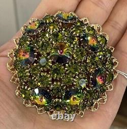 Large Vintage Watermelon Rivoli Rhinestone Brooch Pin Domed High End Gorgeous