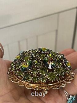 Large Vintage Watermelon Rivoli Rhinestone Brooch Pin Domed High End Gorgeous