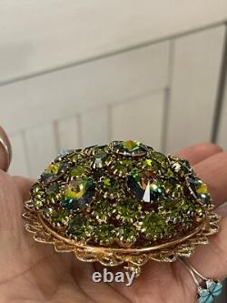 Large Vintage Watermelon Rivoli Rhinestone Brooch Pin Domed High End Gorgeous