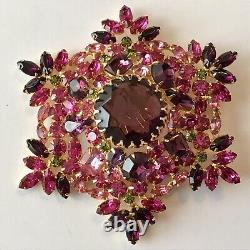 Large Vintage Weiss Signed Pink And Purple Rhinestone Brooch