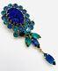 Long AUSTRIA Molded Lapis Glass Shades of Blue Rhinestone Brooch Vintage Jewelry