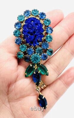 Long AUSTRIA Molded Lapis Glass Shades of Blue Rhinestone Brooch Vintage Jewelry