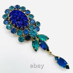 Long AUSTRIA Molded Lapis Glass Shades of Blue Rhinestone Brooch Vintage Jewelry