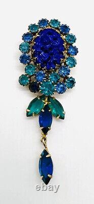 Long AUSTRIA Molded Lapis Glass Shades of Blue Rhinestone Brooch Vintage Jewelry