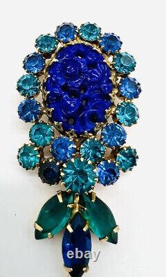 Long AUSTRIA Molded Lapis Glass Shades of Blue Rhinestone Brooch Vintage Jewelry