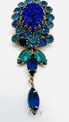 Long AUSTRIA Molded Lapis Glass Shades of Blue Rhinestone Brooch Vintage Jewelry