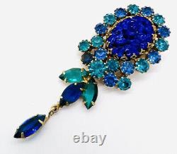 Long AUSTRIA Molded Lapis Glass Shades of Blue Rhinestone Brooch Vintage Jewelry