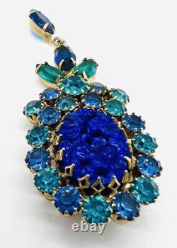 Long AUSTRIA Molded Lapis Glass Shades of Blue Rhinestone Brooch Vintage Jewelry