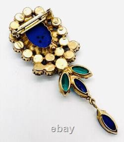 Long AUSTRIA Molded Lapis Glass Shades of Blue Rhinestone Brooch Vintage Jewelry