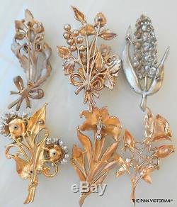 Lot Of 6 Vintage Flower Pins, Older, Heavy Pot Metal Flower Brooches, Coro