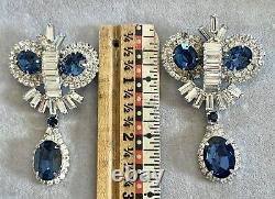 Lot Pair of 2 Vtg JULIANA 50's Blue Glass Rhinestone 2 3/4 Dangling Pins Brooch