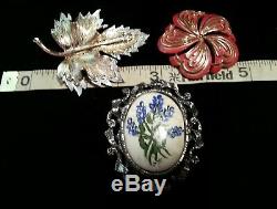 Lot Vtg Costume Jewelry 40 Rhinestone Enamel Flower Brooch, Sarah Cov, Coro, BSK+