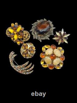 Lot of 6 Vintage Rhinestone Brooches Amber Citrine Topaz Aurora Borealis AB