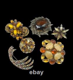 Lot of 6 Vintage Rhinestone Brooches Amber Citrine Topaz Aurora Borealis AB