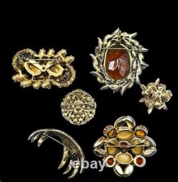 Lot of 6 Vintage Rhinestone Brooches Amber Citrine Topaz Aurora Borealis AB