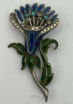 Lovely Vintage Coro Flower Trembler Enamel Brooch/Pin With Rhinestones