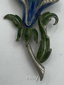 Lovely Vintage Coro Flower Trembler Enamel Brooch/Pin With Rhinestones
